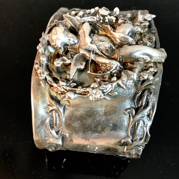 Angel Sterling Silver Cuff Bracelet Repoussé Antique 925 Victorian Wide Floral - Picture 4 of 8